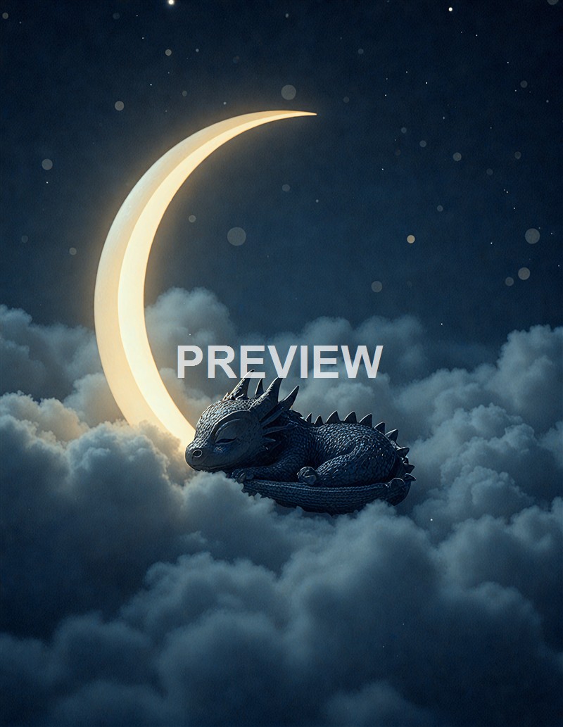 A small, detailed dragon-like creature with spiked scales and closed eyes is curled up on clouds, beneath a glowing crescent moon and a starry night sky.